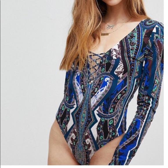 NWT Free People Blue Paisley Pick A Place Bodysuit - Picture 4 of 8